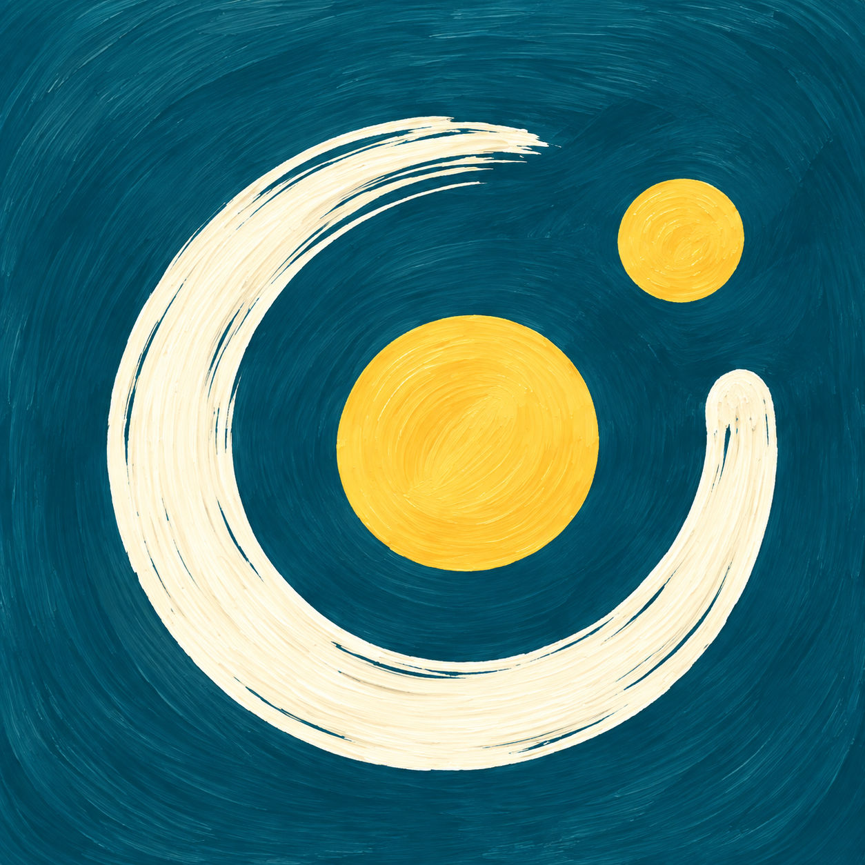 Kuma Baby's painted emblem: two golden circles held by a cream brushstroke on deep teal
